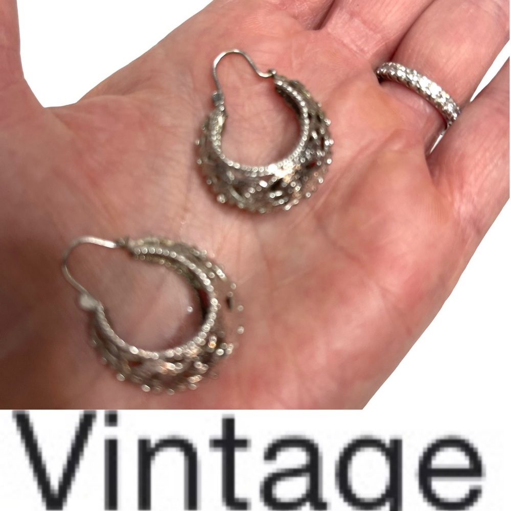 Vintage Silver Tone Filigree Hoop Earrings - Picture 2 of 7